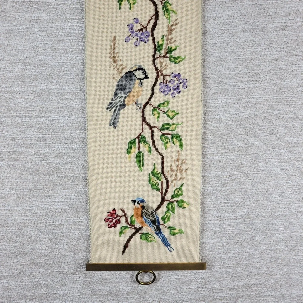 Vintage Crewel Needlework Birds Vines Wall Hanging Pantry Butler Pull